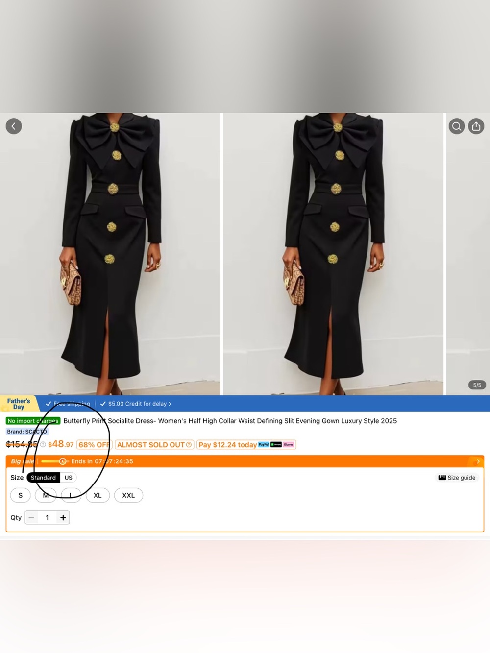 Elegant Black Midi Dress with Gold Floral Buttons - Picture 3 of 6